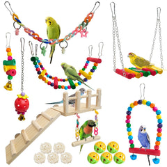 Hamiledyi 17Pcs parrot toys set assembly demonstrates engaging enrichment for energetic birds.