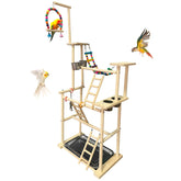 Hamiledyi natural wood bird playground stand side view with perches and enrichment.