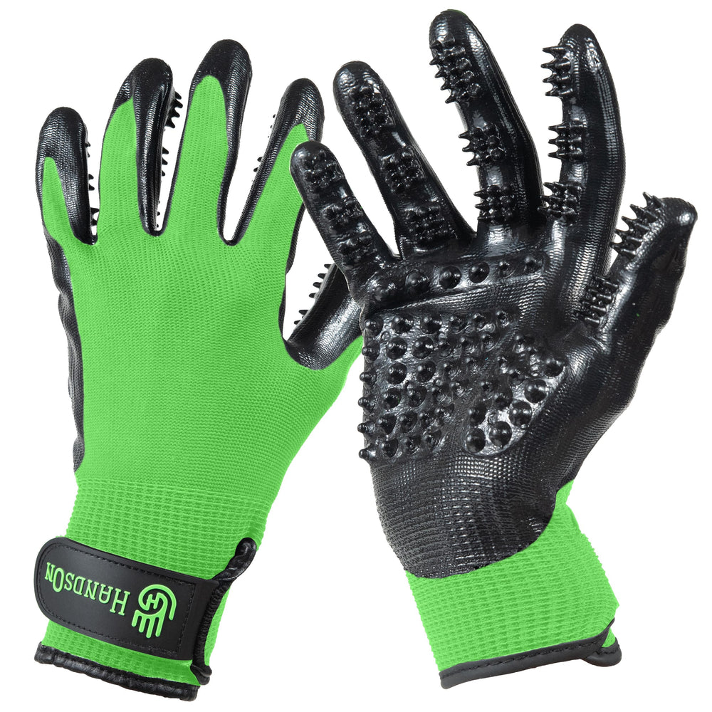 H HANDSON Hands-On Pet Grooming Gloves close-up bristles for gentle brushing across fur types.