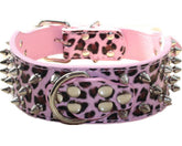 Haoyueer spiked leather dog collar in pink leopard pattern, stylish daily-wear for medium to large dogs
