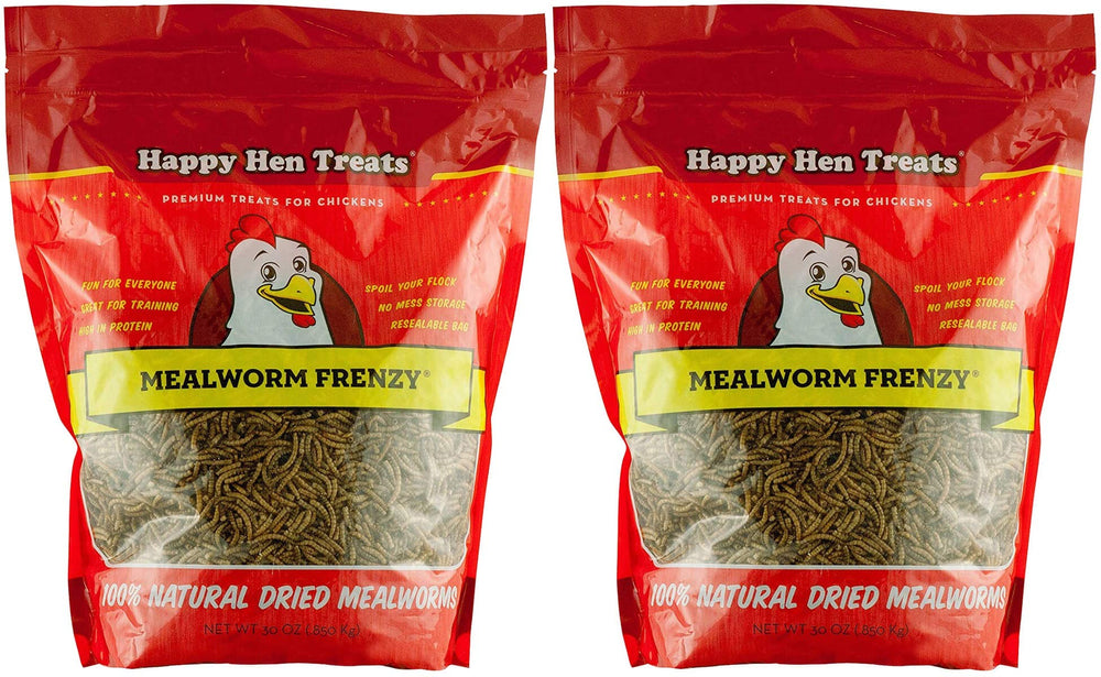 Happy Hen Treats MEALWORM Frenzy bag showing resealable packaging for freshness.