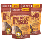 Happy Howie's Mini Doggy Burgers pack3 closeup shows slow-cooked beef for a longer-lasting treat