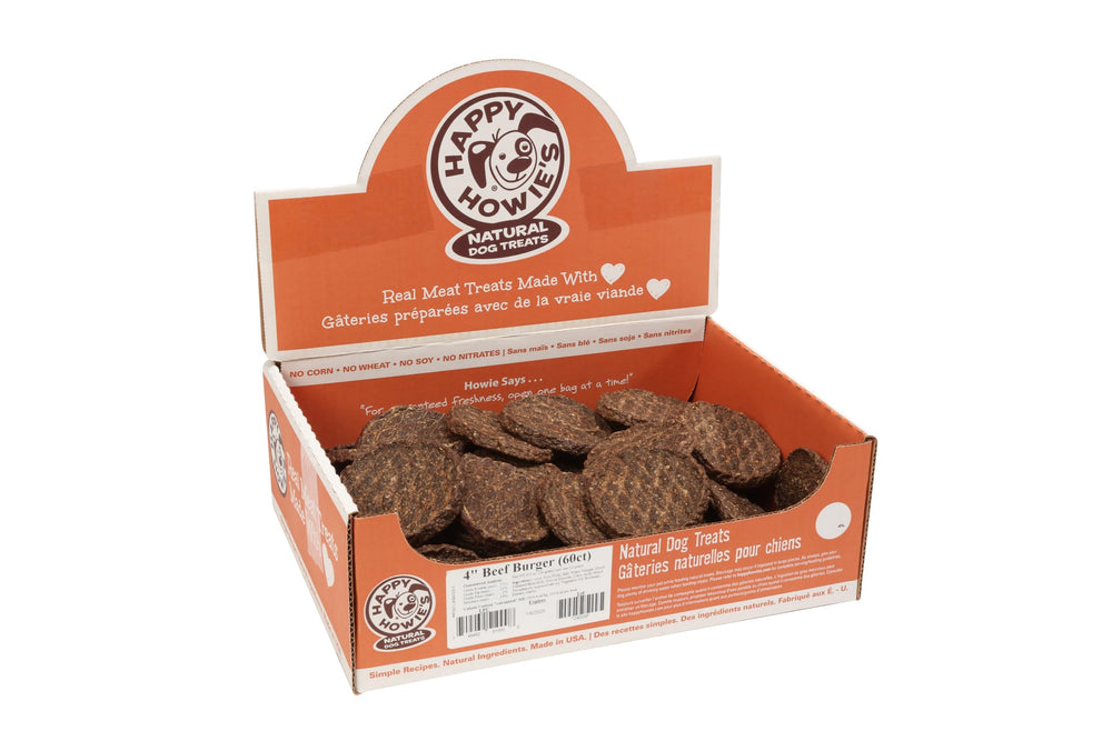 Happy Howie's Mini Doggy Burgers packaging reveals a wholesome, ready-to-portion treat for dogs.