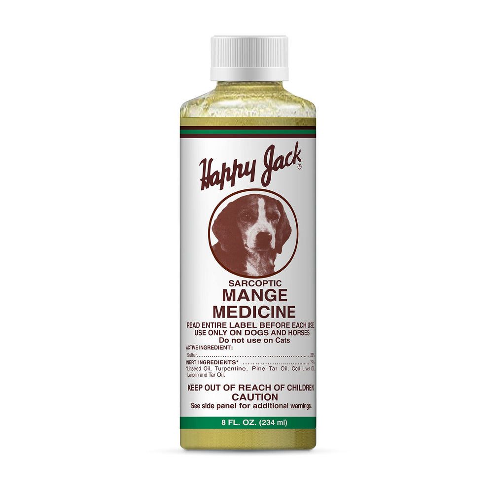 Happy Jack mange medicine bottle with dog paw shows soothing relief potential for irritated skin.