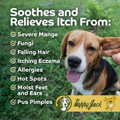 HAPPY JACK mange treatment application shows where to apply for faster skin relief.