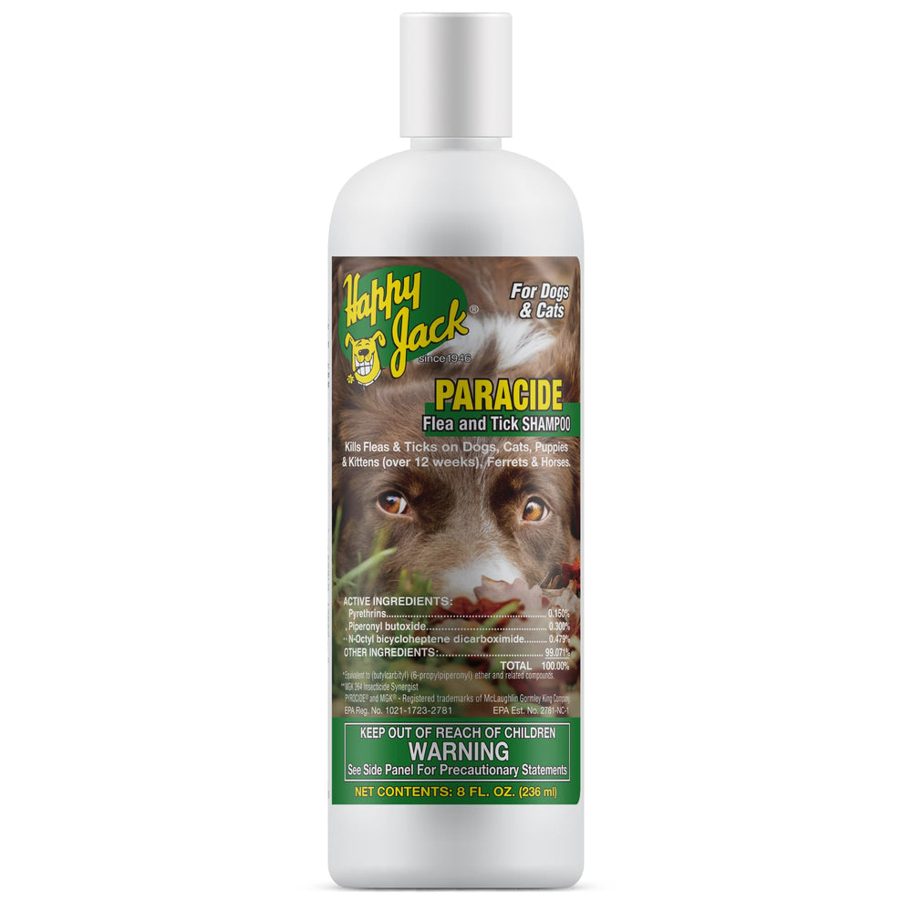 Happy Jack Paracide shampoo bottle on shelf showing convenient flea and tick care.