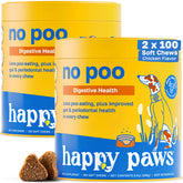Happy Paws No Poo Chews beef-flavor packaging demonstrates a tasty coprophagia deterrent for dogs.