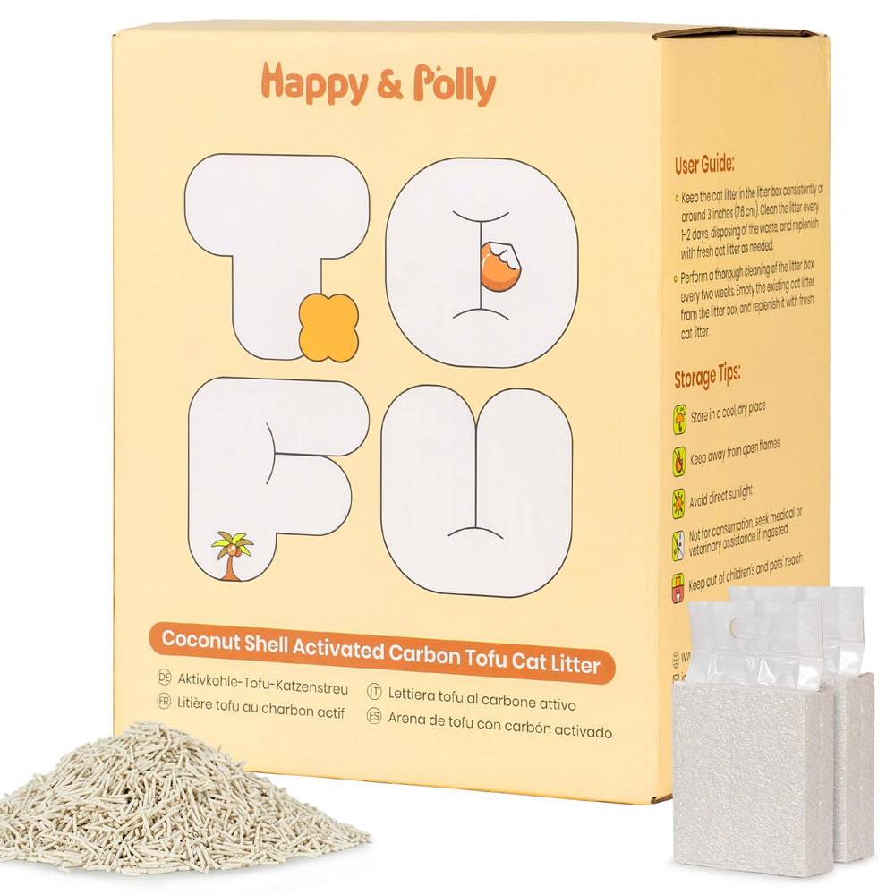 Happy & Polly tofu cat litter packaging demonstrates convenient dual bags for easy storage and setup.
