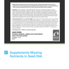 Hari Prime bottle label closeup highlighting key ingredients for seed-eating birds.
