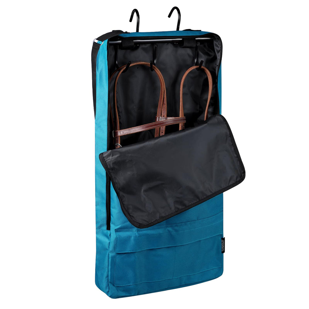 Harrison Howard bridle bag teal front pocket keeps halters secure during travel.