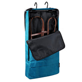 Harrison Howard bridle bag teal front pocket keeps halters secure during travel.
