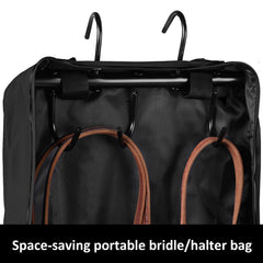 Harrison Howard Bridle/Halter Bag interior with three-prong tack rack for multiple bridles.