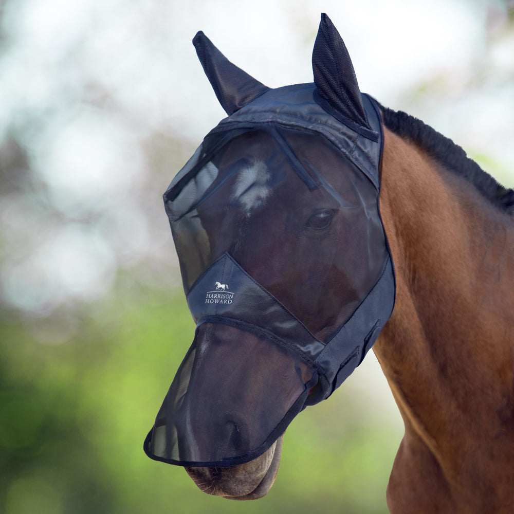 Harrison Howard CareMaster fly mask with long nose and ears reduces irritation while maintaining airflow