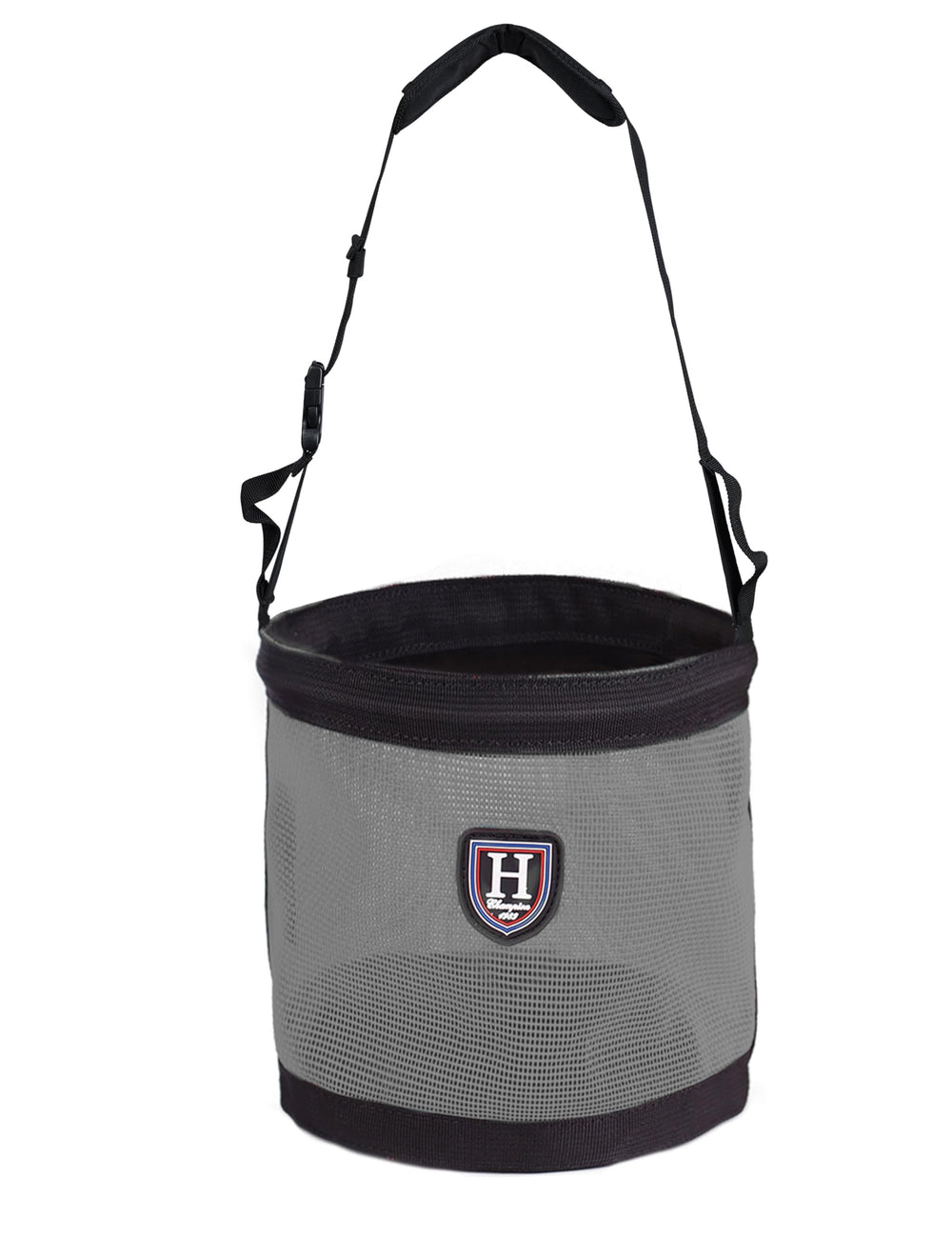 Harrison Howard horse muzzle feed bag dark gray with padded neck strap—spill-proof feeding in action