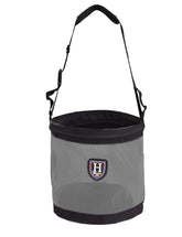 Harrison Howard horse muzzle feed bag dark gray with padded neck strap—spill-proof feeding in action