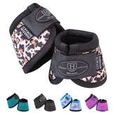 Harrison Howard leopard-print bell boot front view offering stylish hoof protection during daily rides.