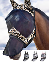 Harrison Howard LumiVista Leopard Long Nose Fly Mask on horse, offering comfort and insect protection