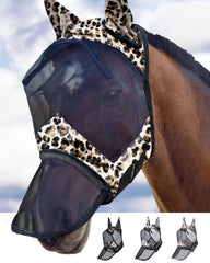 Harrison Howard LumiVista Leopard Long Nose Fly Mask on horse, offering comfort and insect protection