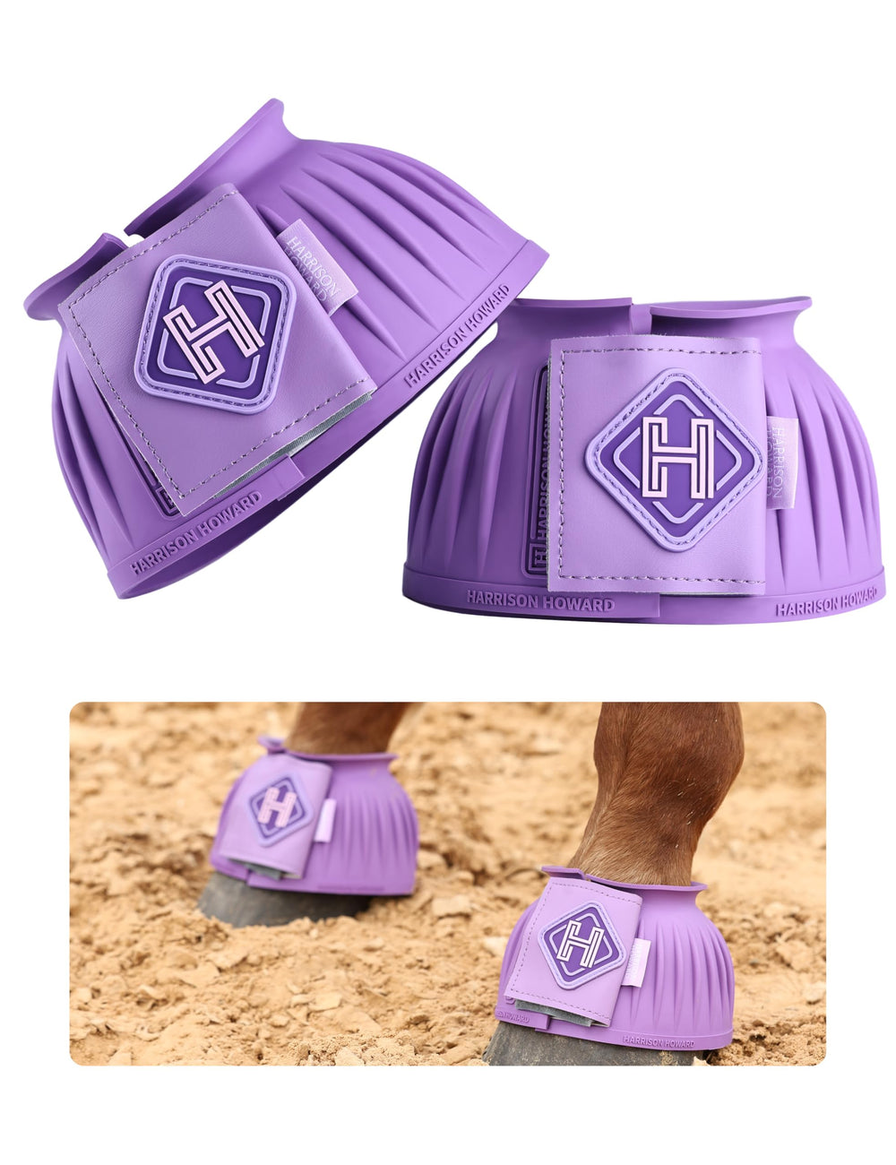 Harrison Howard rubber bell boot front hoof coverage in violet, protective during riding