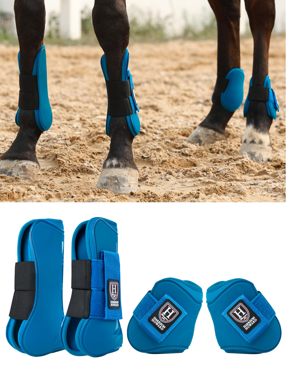 Harrison Howard tendon boots Azure L side view with protective shell and snug fit
