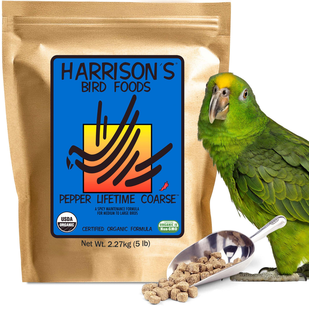Harrison's Pepper Lifetime Coarse 5lb bag shows organic, non-GMO nutrition for medium to large birds
