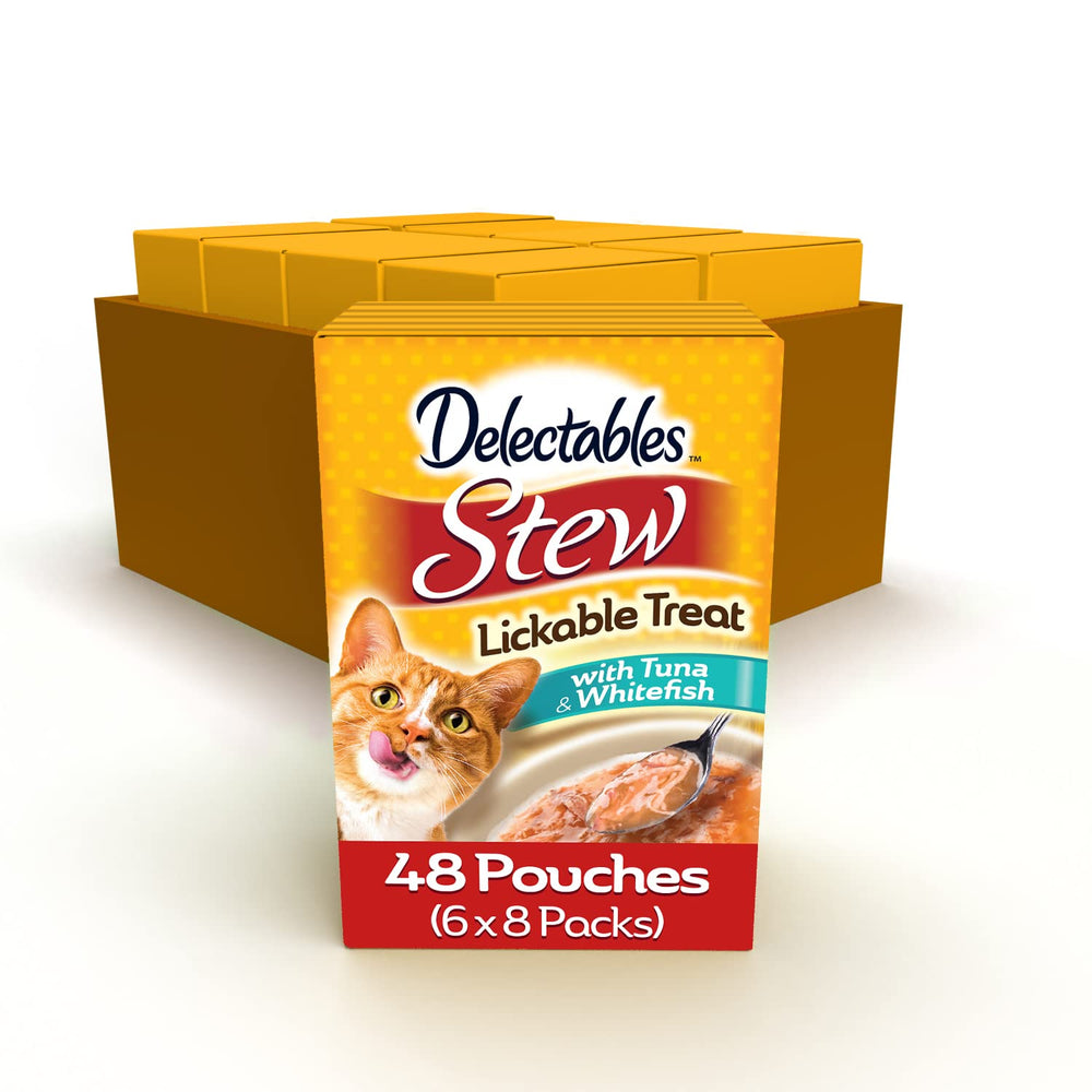 Hartz Delectables Stew tuna and whitefish pack front for bulk snack stock.