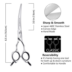 Hashimoto curved blade at 30 degrees for smooth contouring on dogs.