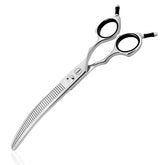 HASHIMOTO curved fluffer scissors face-trim close-up for natural finish and bulk removal.