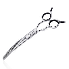 HASHIMOTO curved thinning shears for dogs, 7-inch view, ergonomic grip for comfortable grooming.