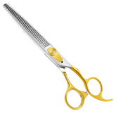 HASHIMOTO dog thinning shears with 7-inch blades and 46 teeth for controlled thinning and precision grooming.