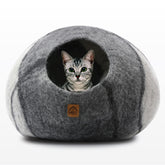 HAUSSIMPLE Large Wool Cat Cave gray-white, front view, cozy hideaway for cats.