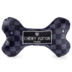 Haute Diggity Dog Black Checker Chewy Vuiton Bone closeup with squeaker for interactive play.