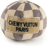 Haute Diggity Dog Checker Chewy Vuiton Ball closeup—plush texture ideal for gentle chews and play.
