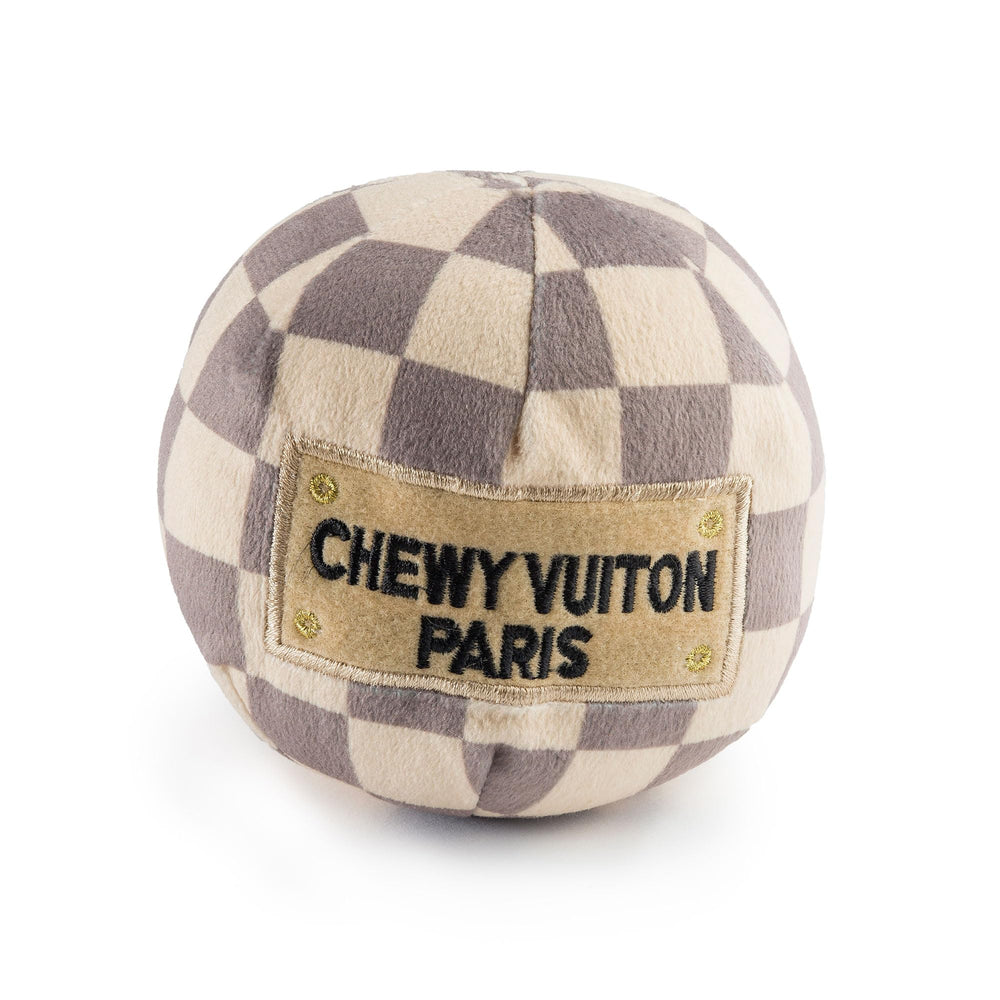 Haute Diggity Dog Checker Chewy Vuiton Ball design enhances stylish fetch sessions