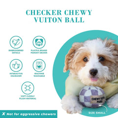 Haute Diggity Dog Checker Chewy Vuiton Ball embroidery-detail highlights stylish stitching.