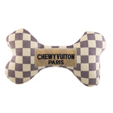 Haute Diggity Dog Checker Chewy Vuiton Bone front view with interactive squeaker for play.