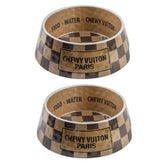Haute Diggity Dog Checker Chewy Vuiton bowl front view for mess-free meals.