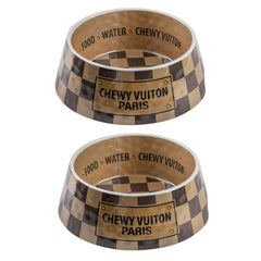 Haute Diggity Dog Checker Chewy Vuiton bowl front view for mess-free meals.