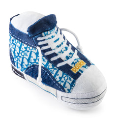 Haute Diggity Dog Dogior high-top tennis shoe toy blue plush closeup for engaging play.