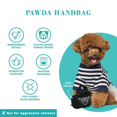 Haute Diggity Dog Pawda Handbag includes a hidden squeaker for interactive fun.