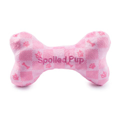 Haute Diggity Dog Pink Checker bone squeaker closeup boosts interactive play