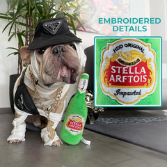 Haute Diggity Dog beer bottle toy featuring embroidered details for style