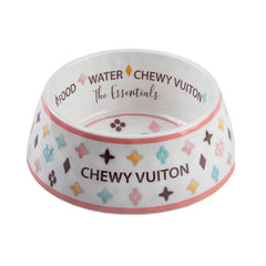 Haute Diggity Dog White Chewy Vuiton bowl side view shows non-skid stability during meals.
