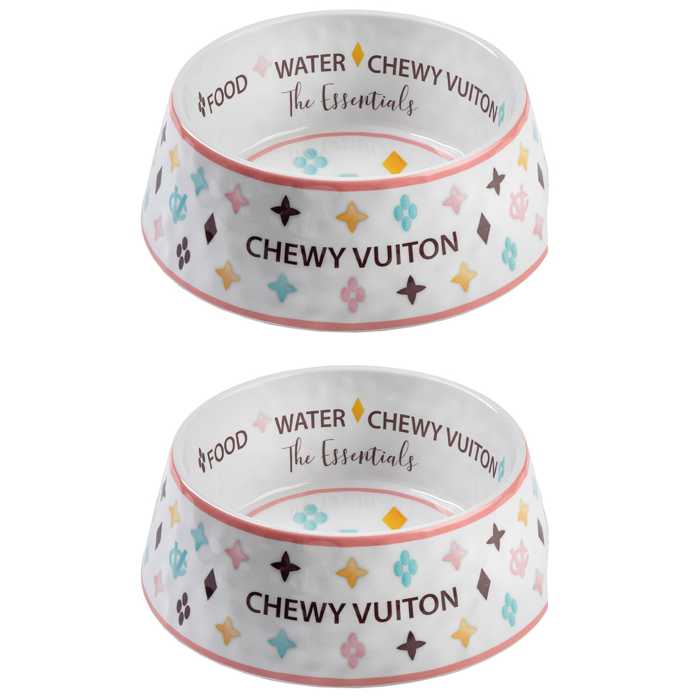 Haute Diggity Dog White Chewy Vuiton bowl top view shows stylish pet dining.