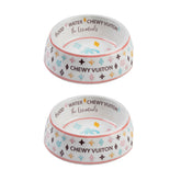 Haute Diggity Dog White Chewy Vuiton dog bowl with non-slip base for mess-free meals.