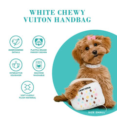Haute Diggity Dog White Chewy Vuiton Handbag dimensions 9x6x3 inches for size reference.
