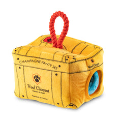 Haute Diggity Dog Woof Clicquot Pawty plushes close-up highlighting playful designs and embroidery.