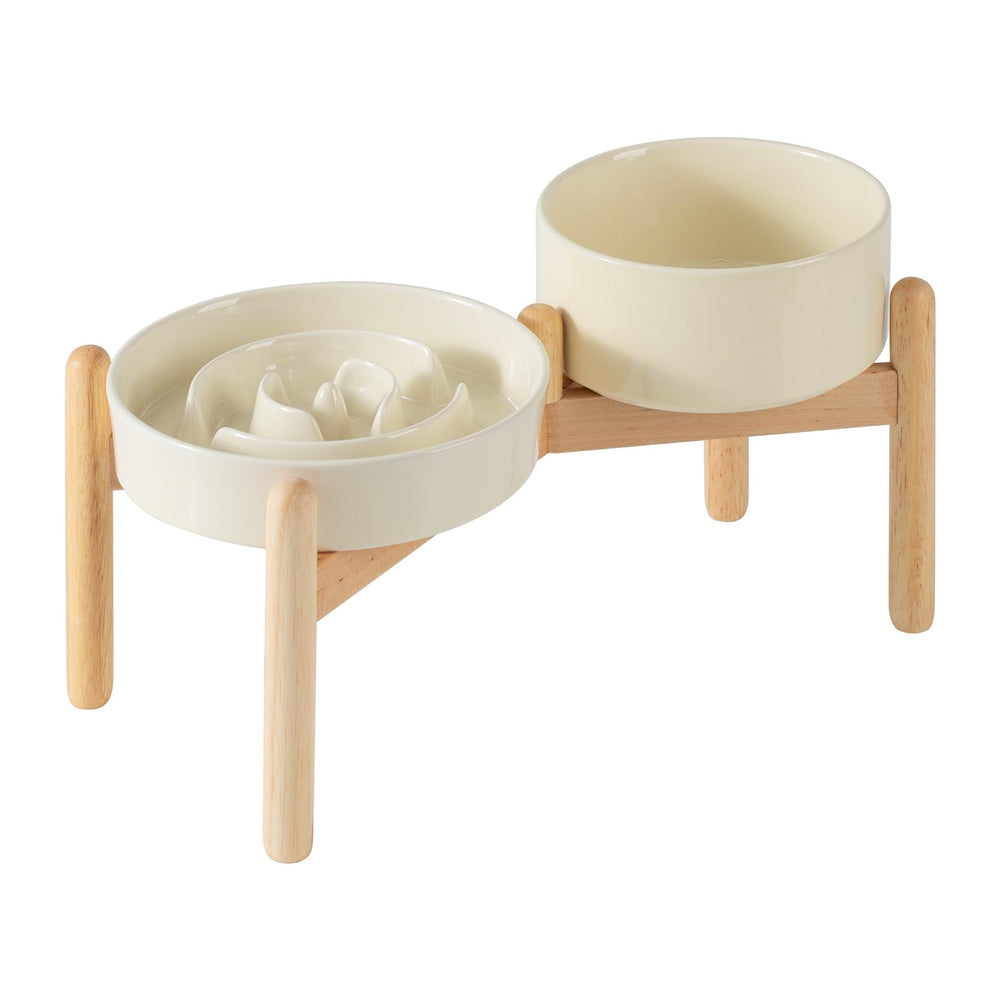 Havniva ceramic raised slow feeder bowl with stand reduces gulping and promotes calm meals.