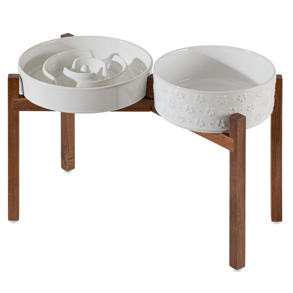 Havniva ceramic raised slow-feeder bowl set assembled for easy feeding and posture support.