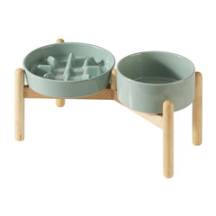 Havniva ceramic raised slow-feeder dog bowl set, left view showing elevated posture-friendly design for meals.